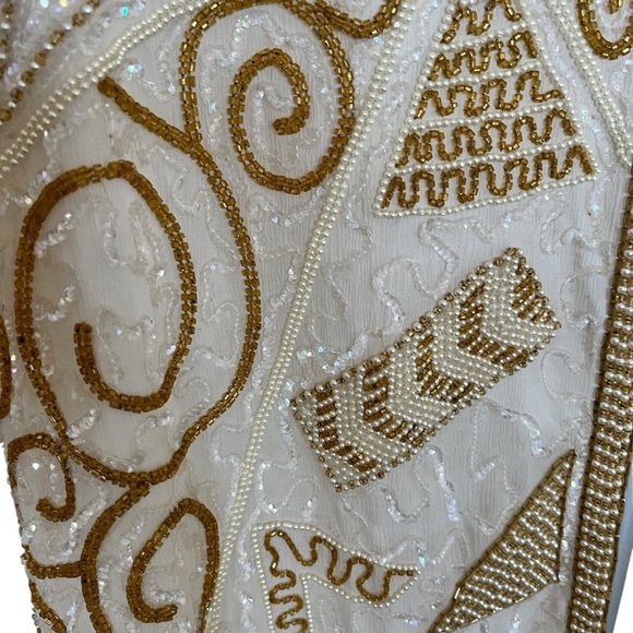 Rare Vintage Judith Ann Beaded Duster Jacket Ivory Gold Open Front Coat Size Med - Picture 7 of 11